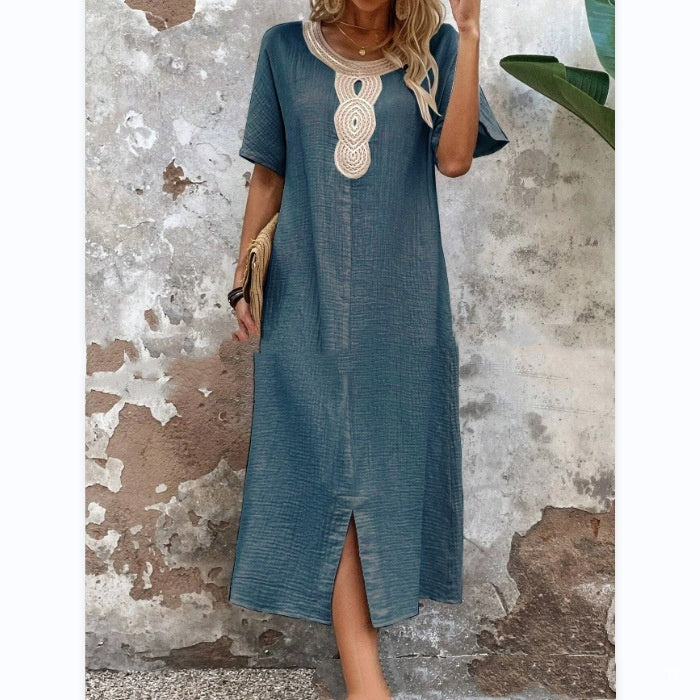 Round Neck Ruffled Short Sleeves Pure Cotton And Linen Slit Loose Dress