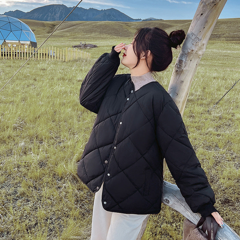 Women's Down Jacket, Short, Thin, Diamond-patterned, Loose Cotton Coat