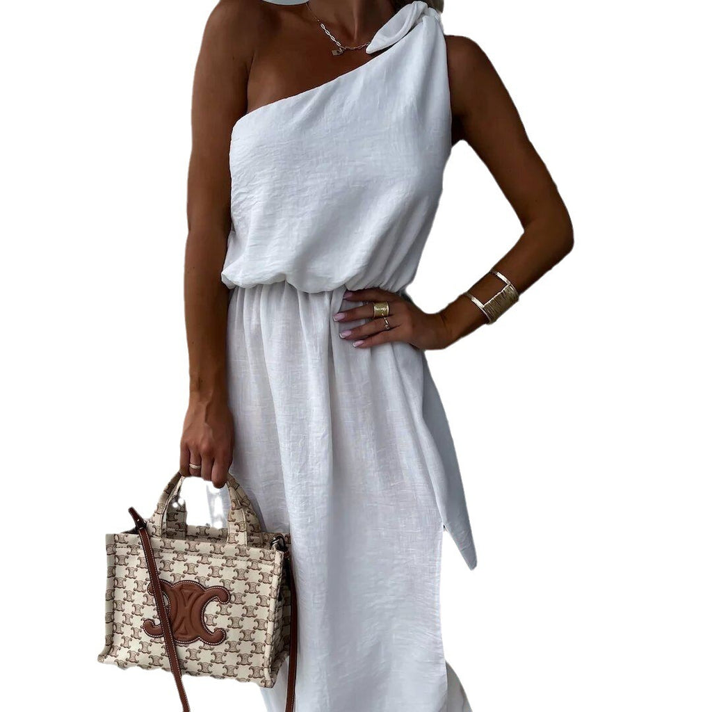 Slant Shoulder Sleeveless Split Large Swing Dress