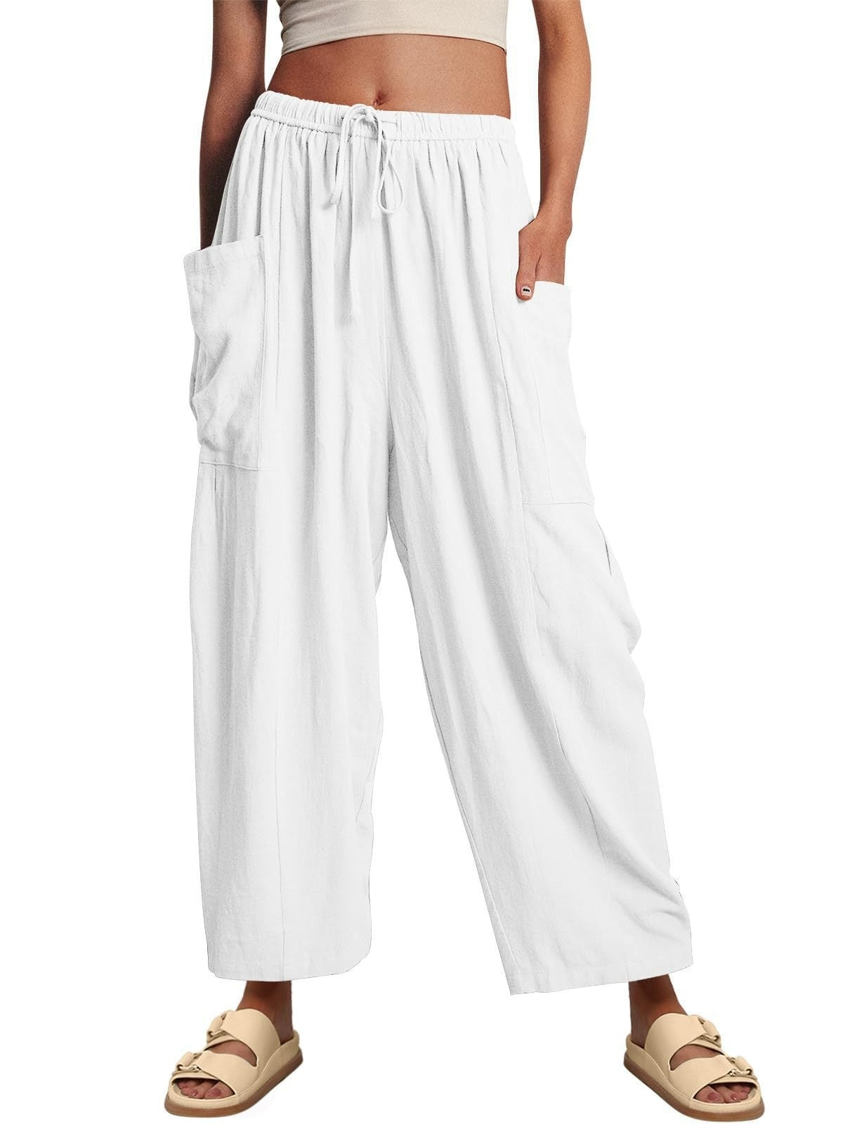 Stretched-waist Pleated High-waisted Wide-leg Loose Casual Cotton And Linen Long Pants