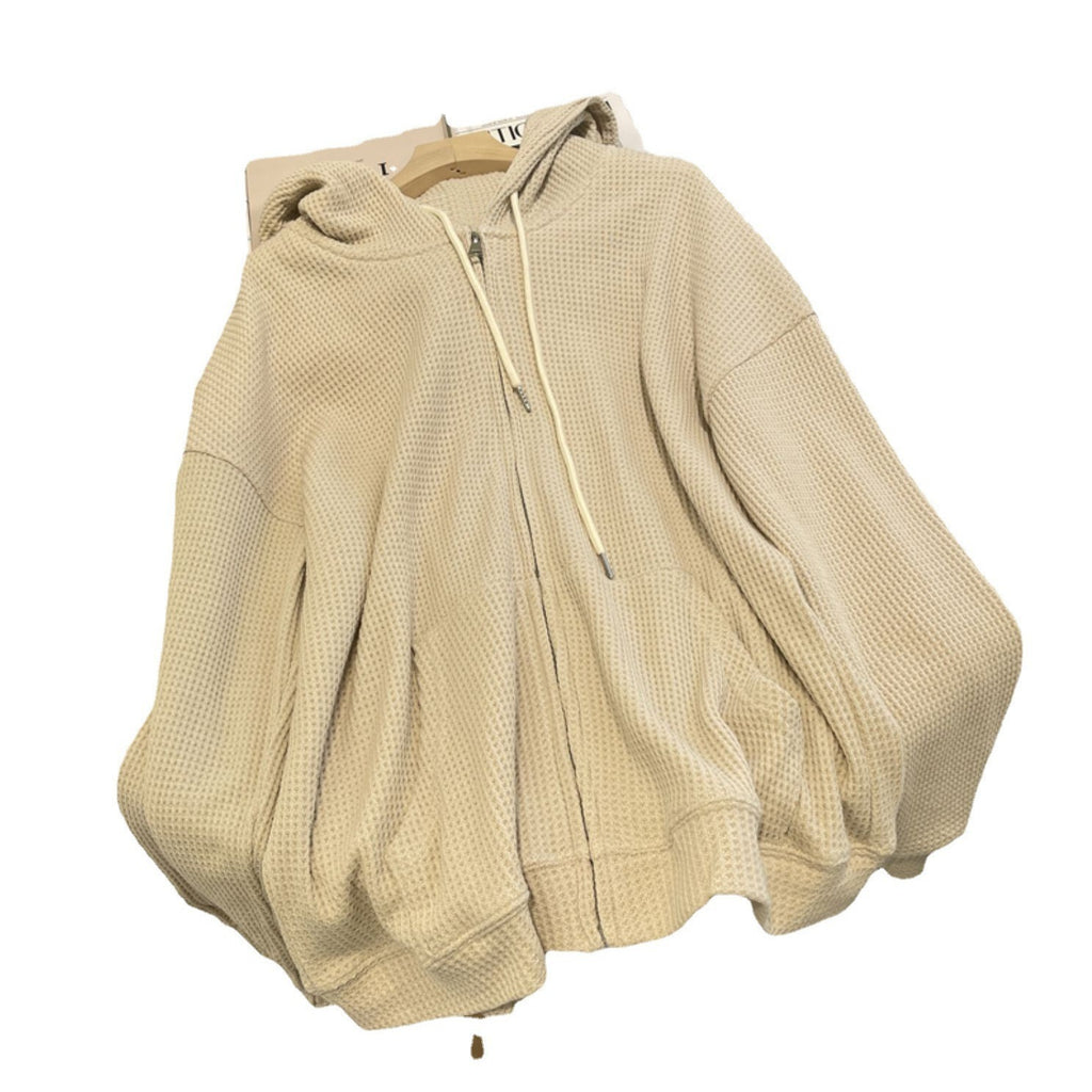 Waffle Hooded Women's Loose Slimming Zipper Cardigan