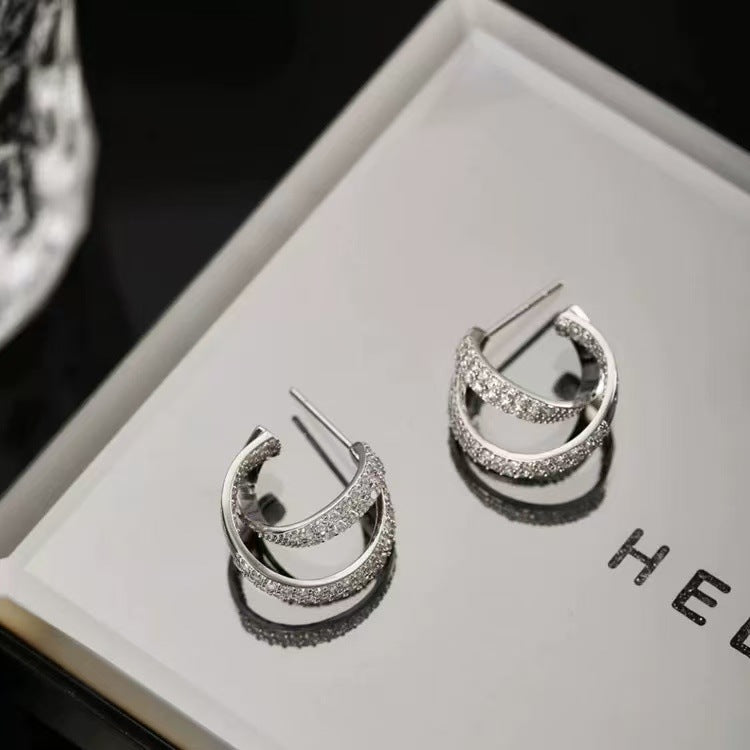 Sterling Silver Needle Micro Inlaid Zircon C- Shaped Cross Earrings