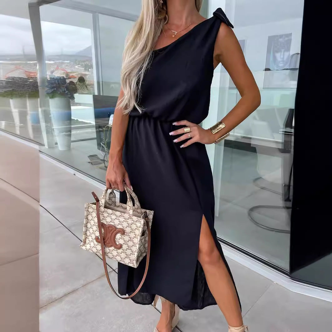 Slant Shoulder Sleeveless Split Large Swing Dress