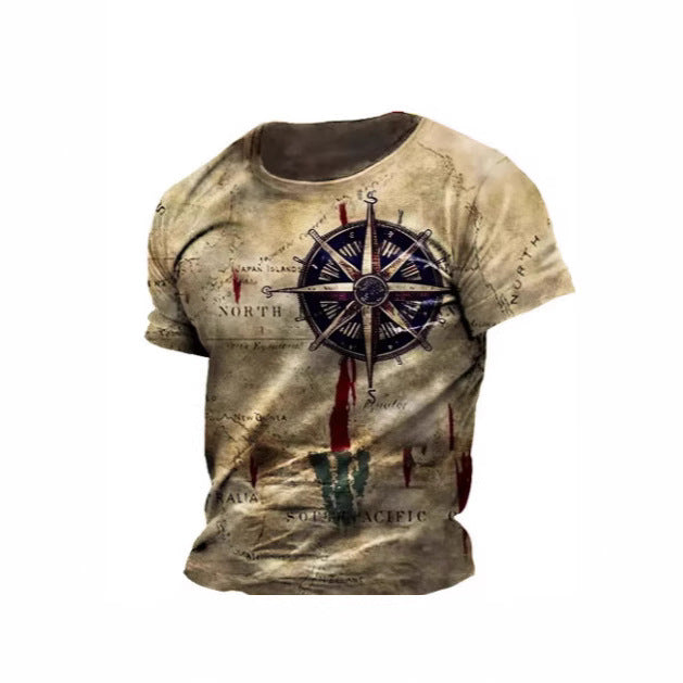 Men's Vintage Nautical Map Compass Printed T-shirt
