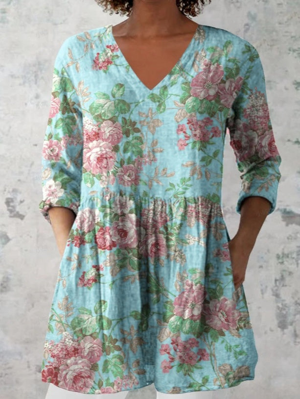 Women's Retro Floral Print Casual Cotton Linen V-neck Top