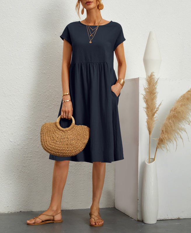 Summer Short-sleeved Dress With Pockets Fashion Solid Round Neck A-line Dresses For Women Clothing