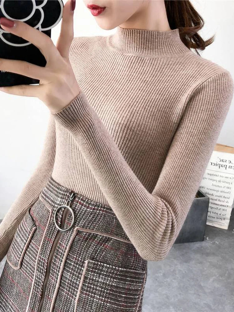 Autumn Winter Mock Neck Women Sweater Vintage Basic Solid Knitted Tops Casual Slim Pullover Korean Sweaters Simple Chic Jumpers - EL CHEG
