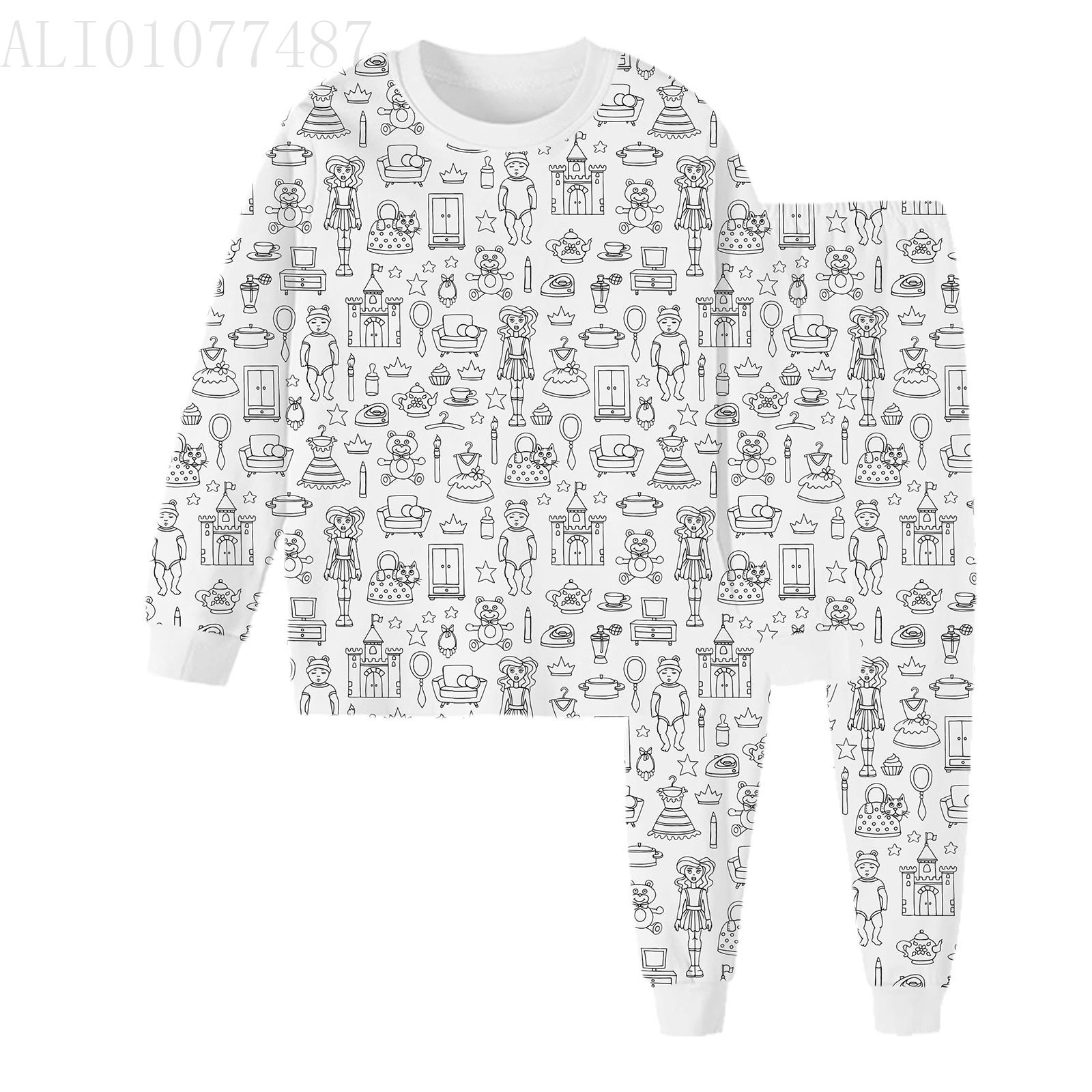Black And White Cartoon Cartoon Pattern Long-sleeved T-shirt And Trousers Two-piece Home Wear Children's Suit