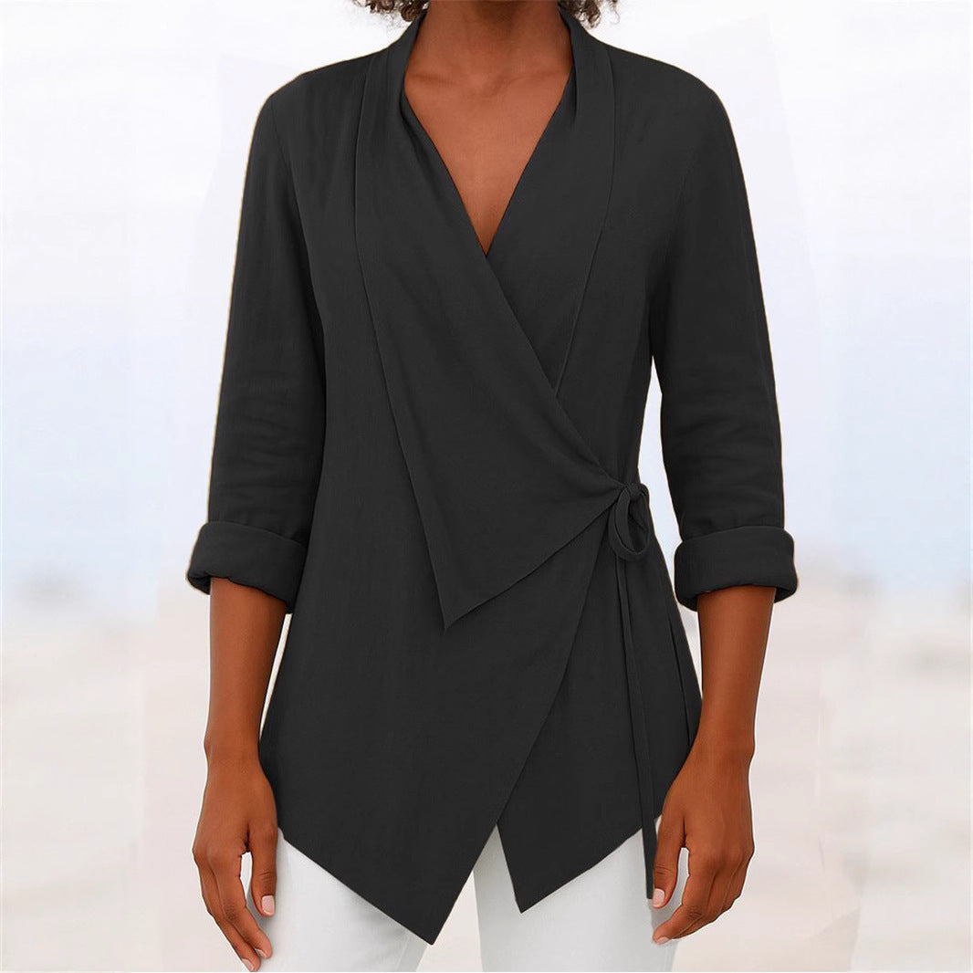 Women's Autumn And Winter V-neck Cotton And Linen Solid Color Shirt