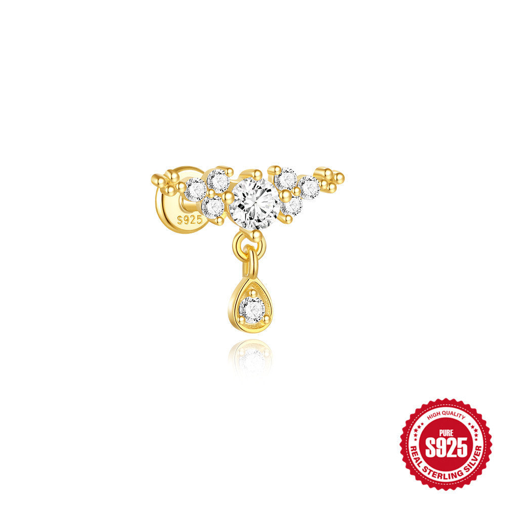 Sterling Silver Opal Diamond-embedded Flat Head Thread Piercing Ear Bone Stud