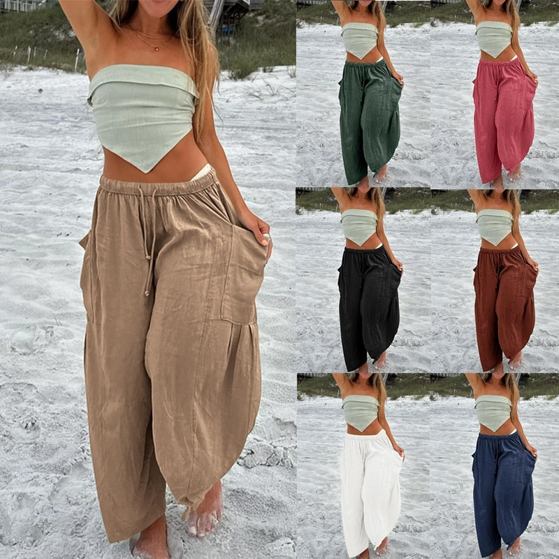 Stretched-waist Pleated High-waisted Wide-leg Loose Casual Cotton And Linen Long Pants