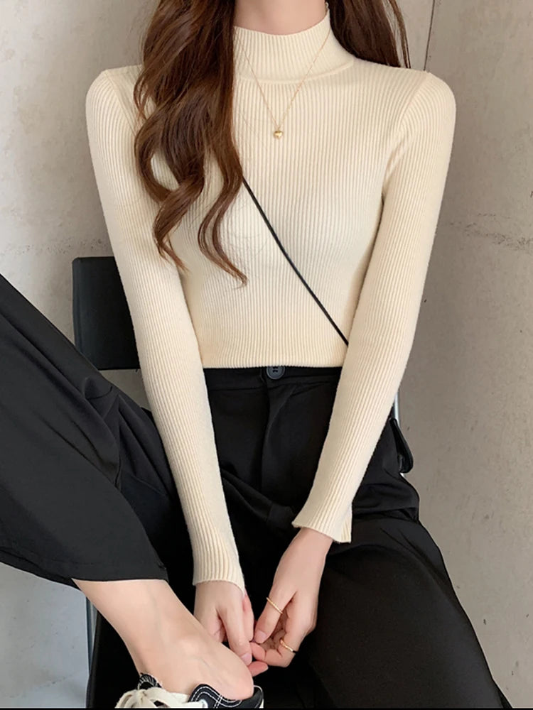 Autumn Winter Mock Neck Women Sweater Vintage Basic Solid Knitted Tops Casual Slim Pullover Korean Sweaters Simple Chic Jumpers - EL CHEG