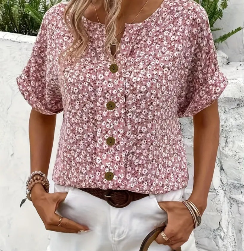 Plant Jacquard V-neck Women's Short-sleeved T-shirt