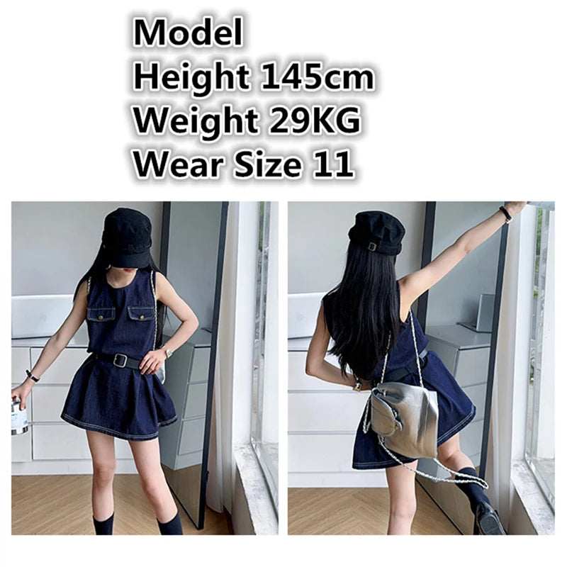 Stylish Kids Fashion Denim Bodysuit Dress for Girls Vintage Dark Blue Jeans Skirt With Belt Child Trendy Streetwear Outfit 5-14Y - EL CHEG