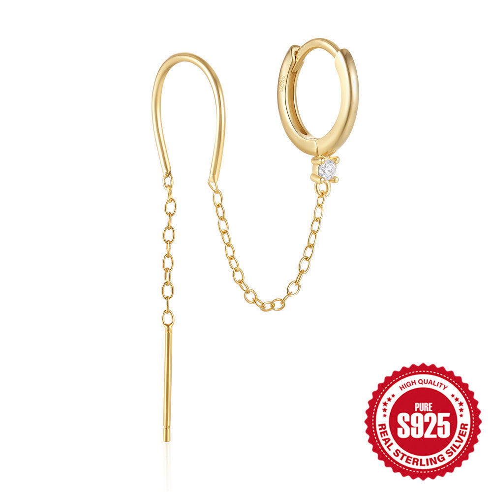 S925 Sterling Silver Diamond Flower Tassel Chain Earring Ear Clip Stud Earrings