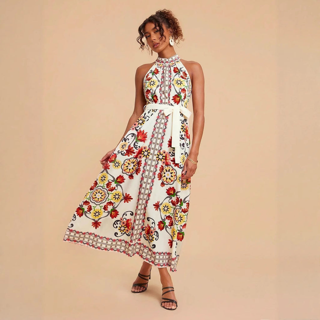 Women's Floral Print Lace-up Sleeveless Mid-length Dress