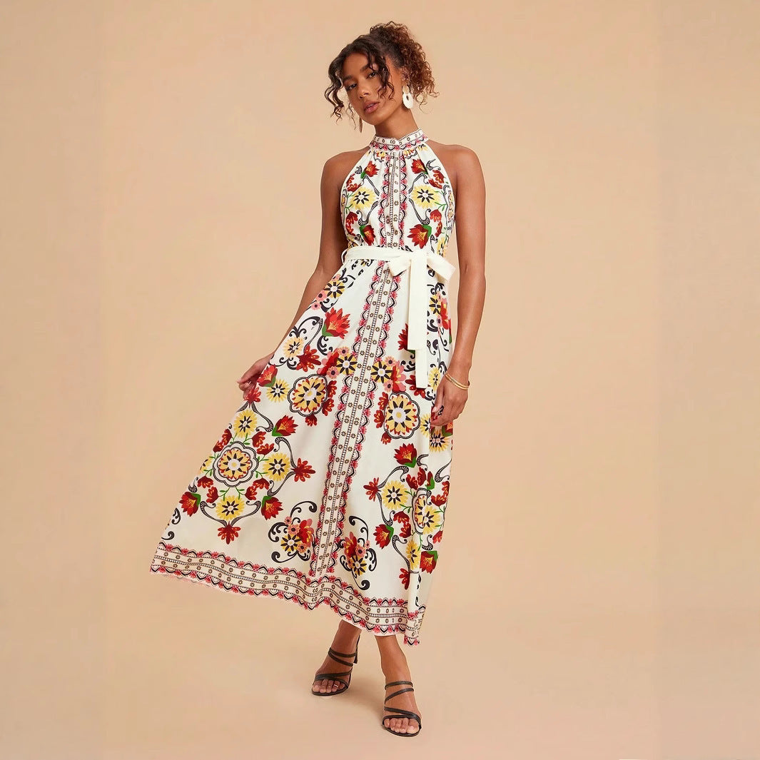 Women's Floral Print Lace-up Sleeveless Mid-length Dress