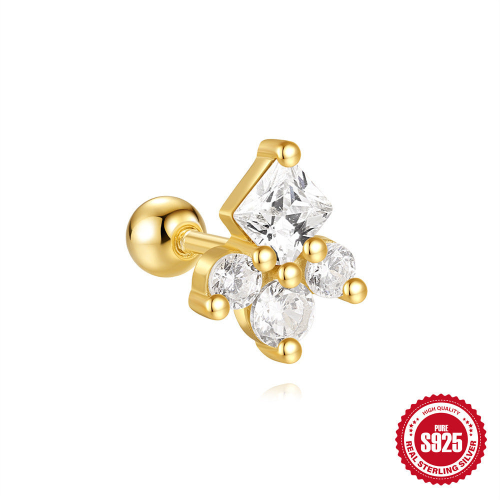 S925 Sterling Silver Red Earrings Square Gravel Stud Earrings