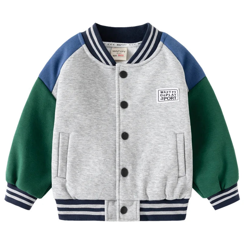 Children Letter Baseball Coat 2025 Autumn Winter Boys Button Thickened Sweatshirt Baby V-neck Color-blocked Coat - EL CHEG
