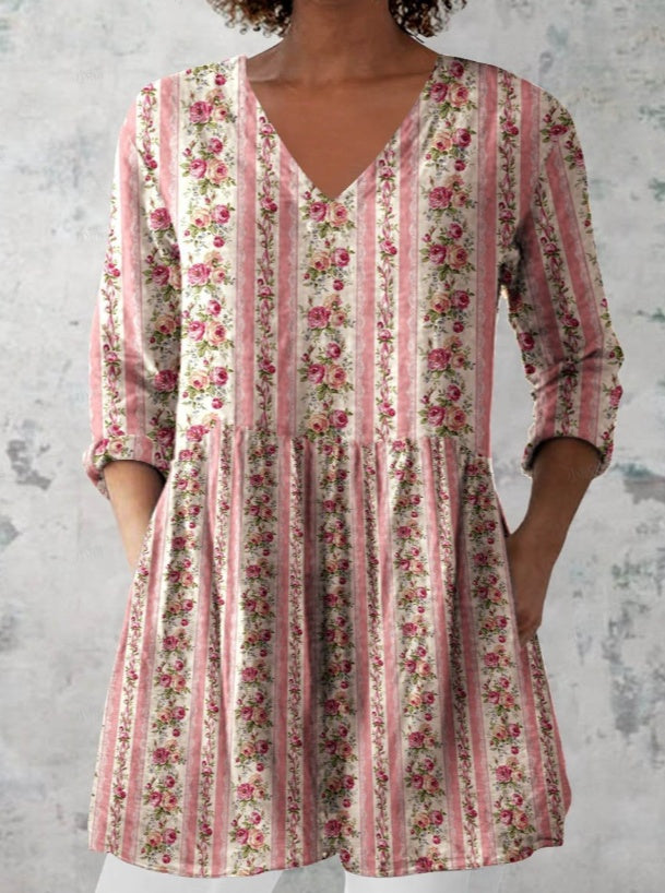 Women's Retro Floral Print Casual Cotton Linen V-neck Top