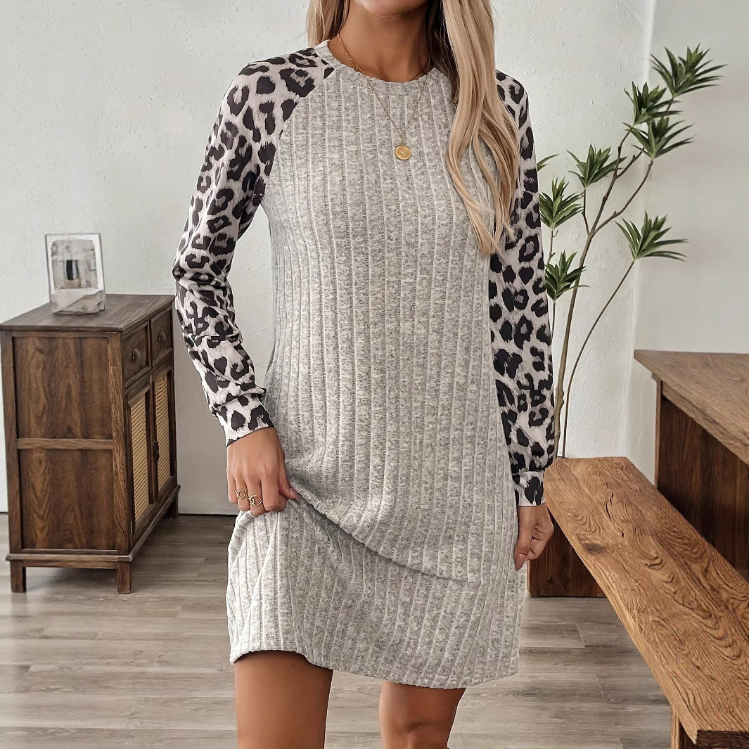 Women's Long Sleeve Leopard Splicing Tight Dress
