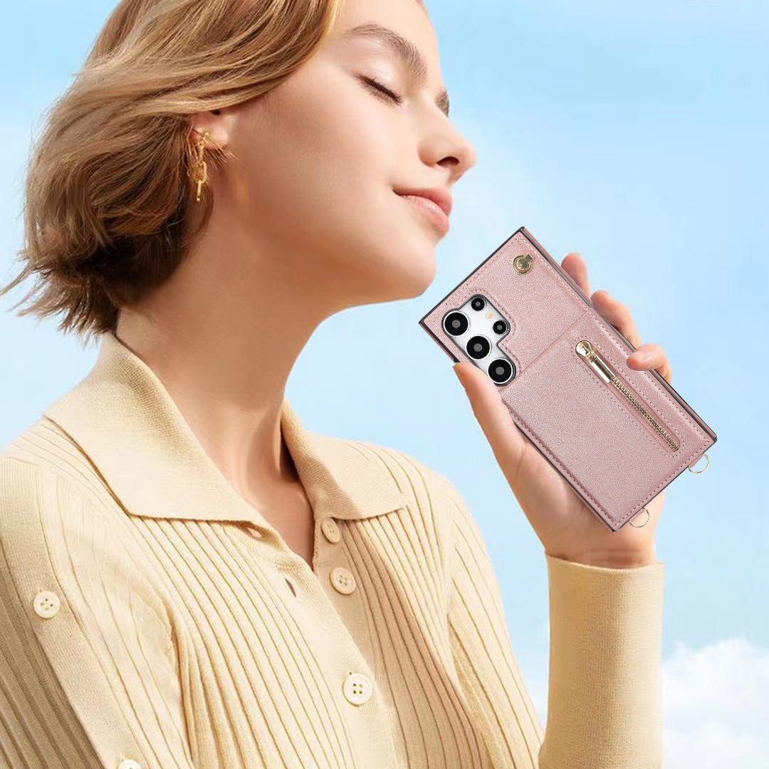 Card Crossbody Zipper Bracket Leather Phone Case