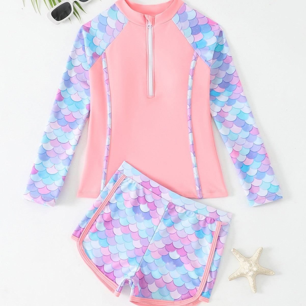 Split Boxer Long Sleeve Zipper Swimsuit With Chest Pad