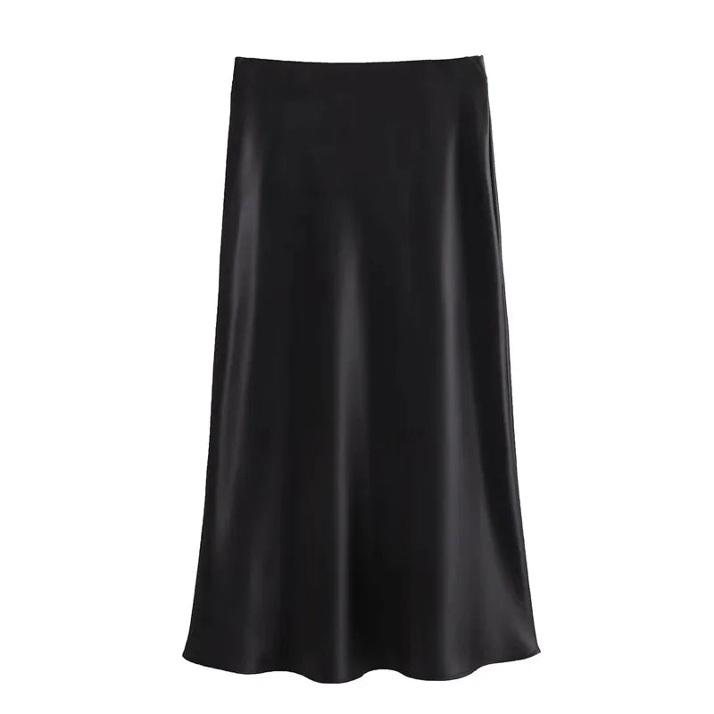 TRAF Woman 2024 Satin Skirt Women High Waist Long Skirts For Women Summer Black Midi Skirt Office Elegant Women's Skirts - EL CHEG
