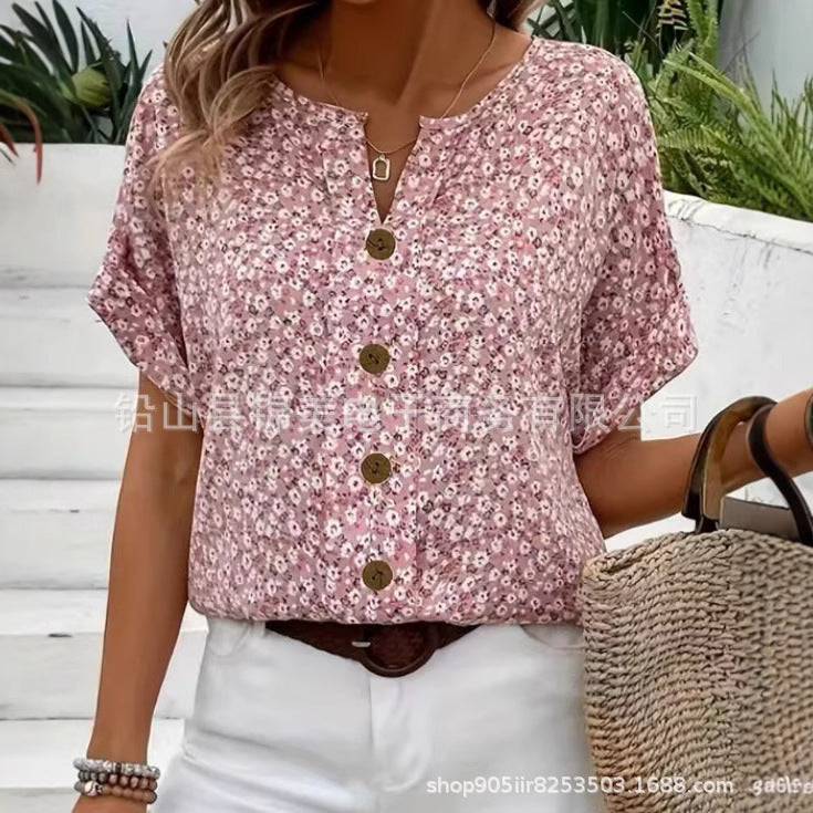 Plant Jacquard V-neck Women's Short-sleeved T-shirt