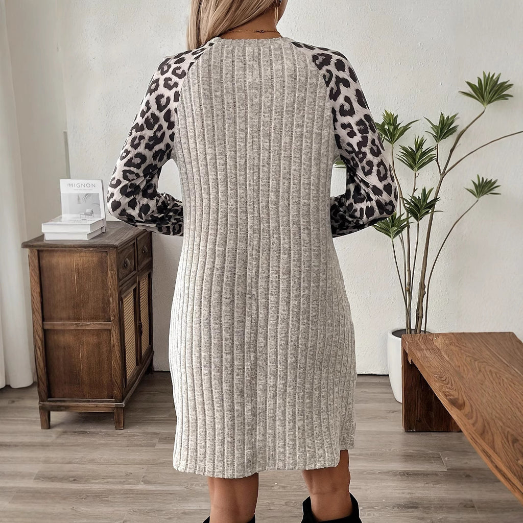 Women's Long Sleeve Leopard Splicing Tight Dress