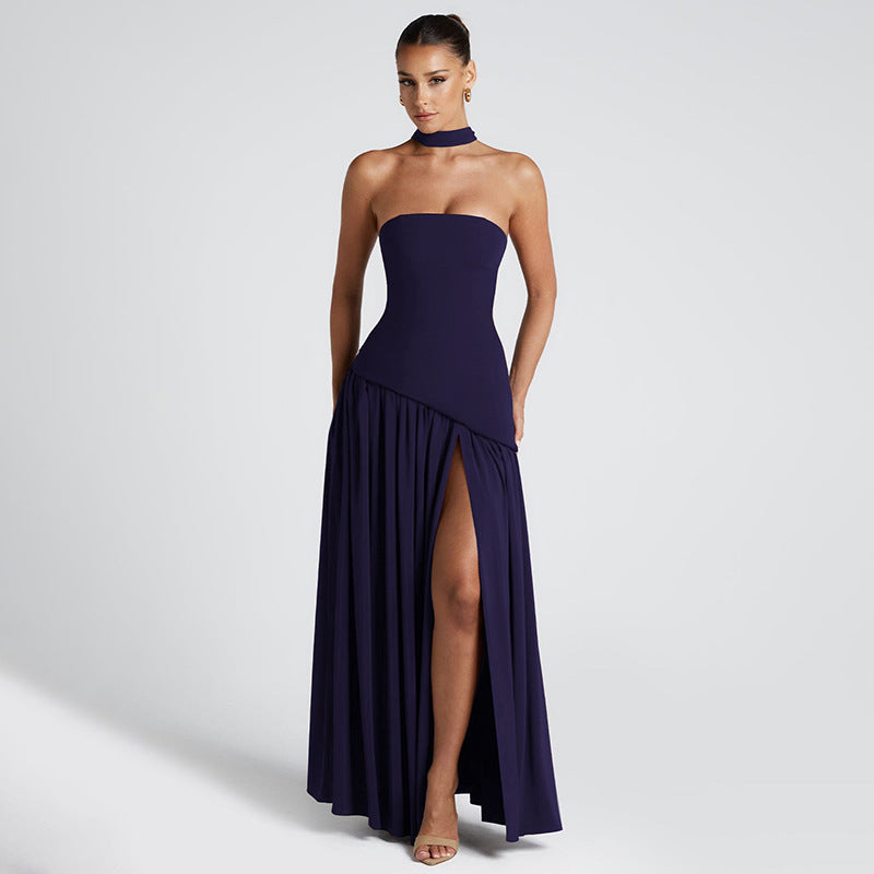 Pure Color Split Backless Elegant Streamer Dress