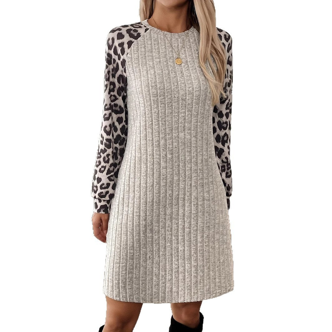 Women's Long Sleeve Leopard Splicing Tight Dress