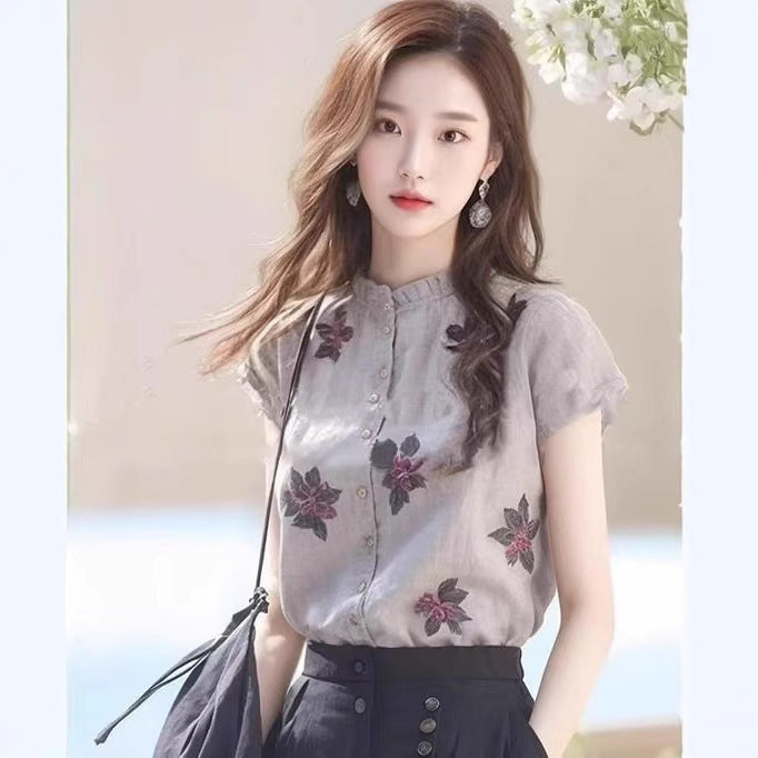 High-end Chic Printed Western Style Stand Collar Niche Top