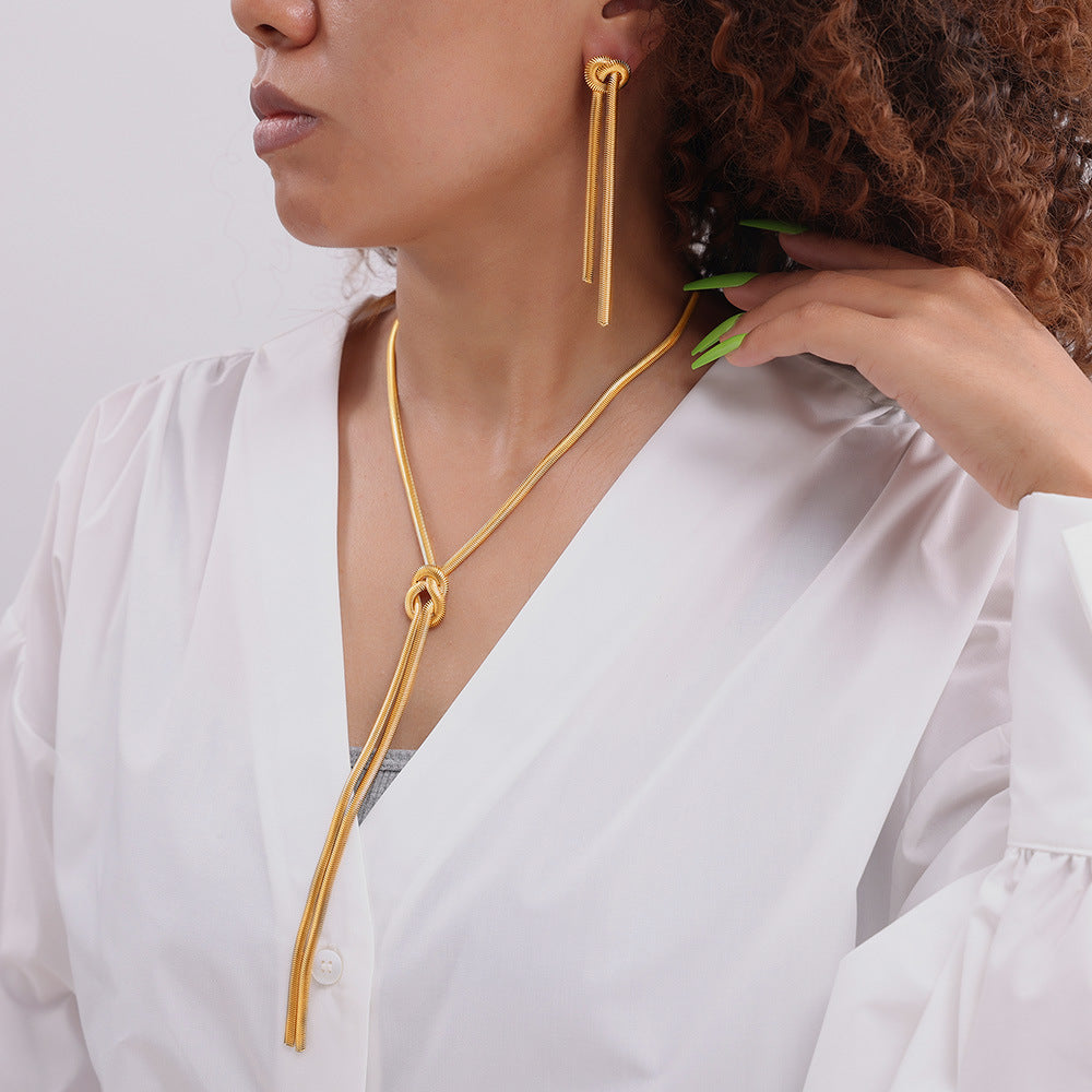 Gold Knotted Tassel Snake Chain Long Necklace