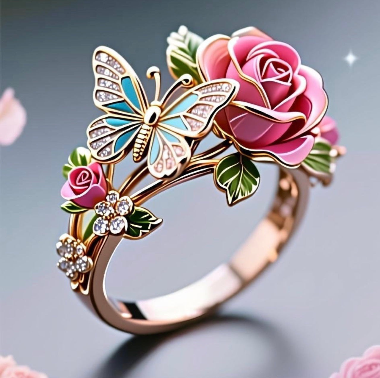Pastoral Style Enamel Flower Branch Ring Opening Adjustable