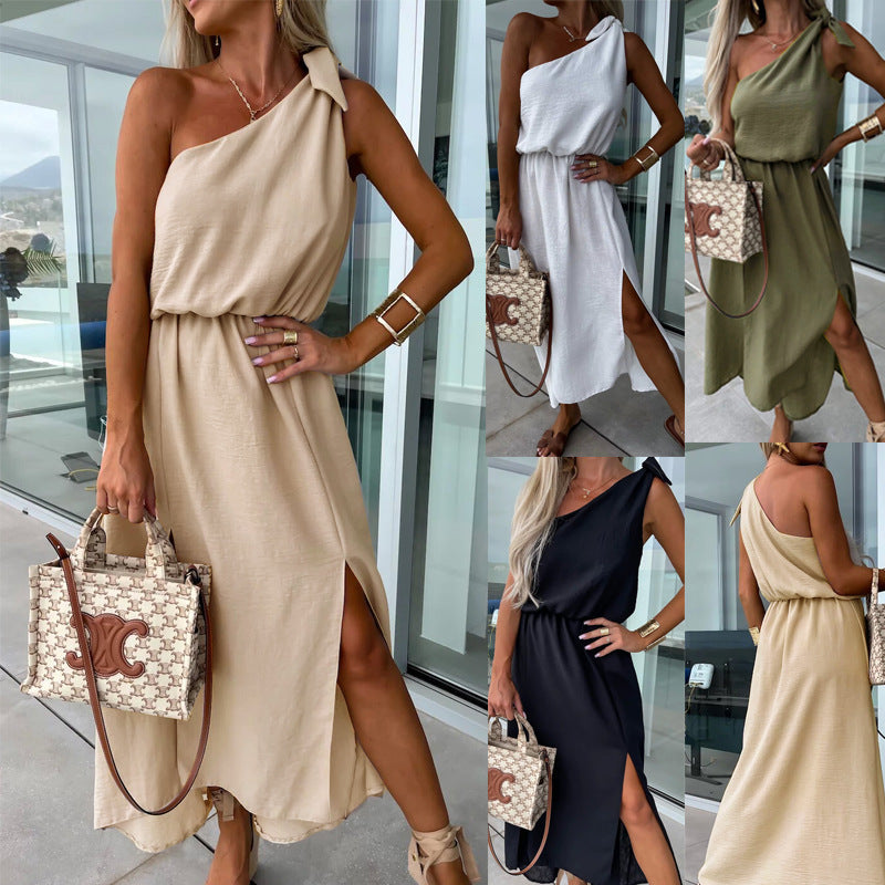 Slant Shoulder Sleeveless Split Large Swing Dress