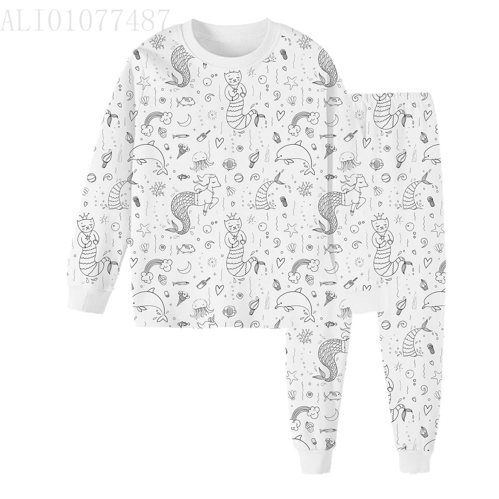 Black And White Cartoon Cartoon Pattern Long-sleeved T-shirt And Trousers Two-piece Home Wear Children's Suit