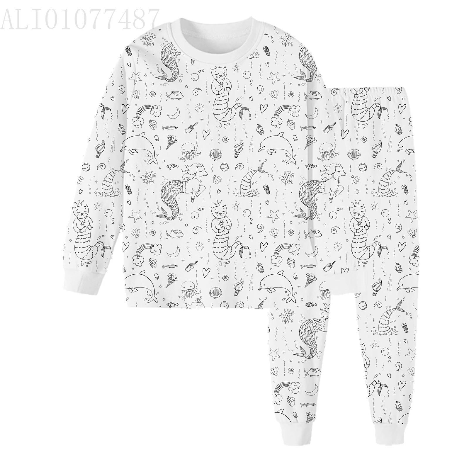 Black And White Cartoon Cartoon Pattern Long-sleeved T-shirt And Trousers Two-piece Home Wear Children's Suit