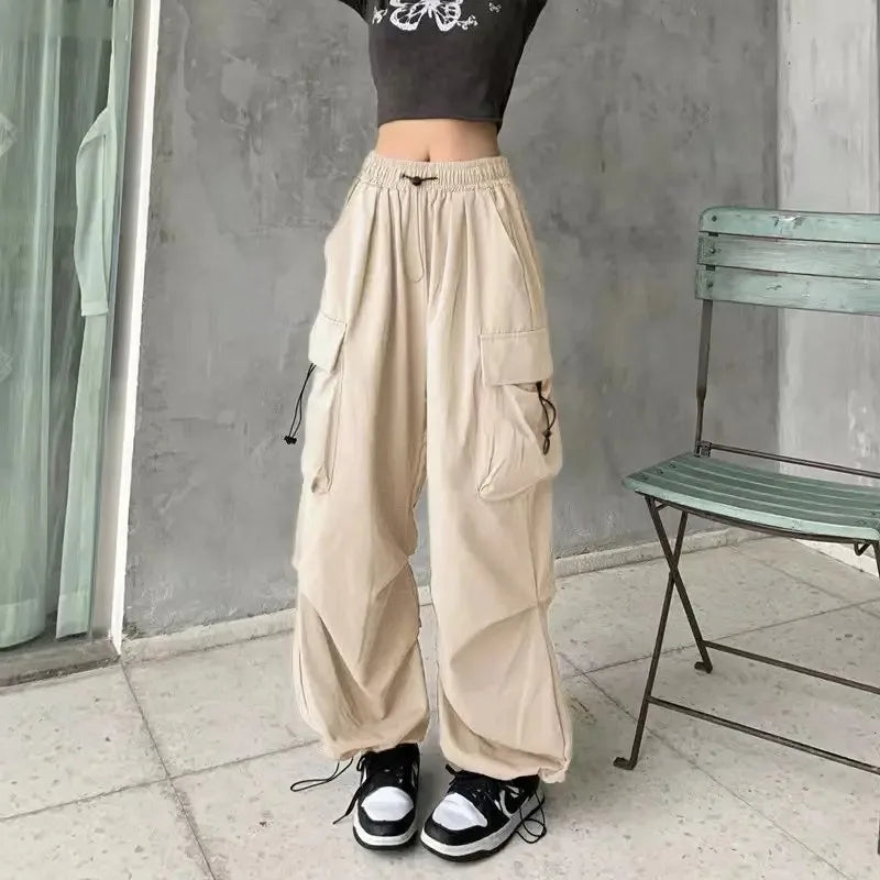 Women Casual Joggers Tech Pants Solid Low Waist Pants Drawstring Wide Leg Baggy Trousers Y2k Streetwear Oversize Sweatpants - EL CHEG