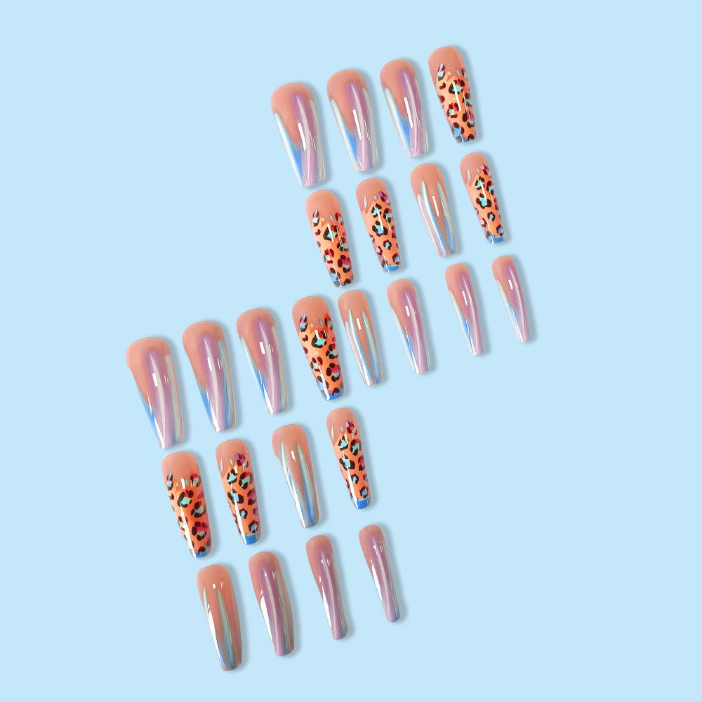 Blue Edge French Gradient Contrast Leopard Print Nail Tips - EL CHEG