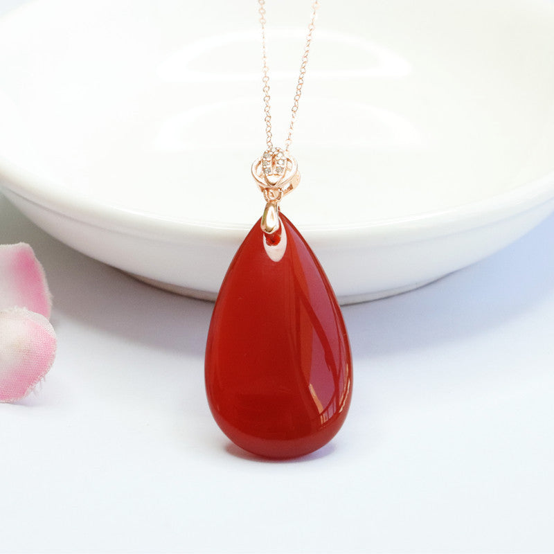 Inlaid Natural Red Agate Pendant Chalcedony Water Drop Necklace