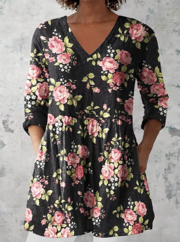 Women's Retro Floral Print Casual Cotton Linen V-neck Top