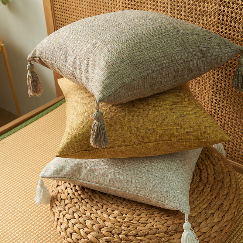 Japanese Solid Color Cotton Linen Fringe Pillow
