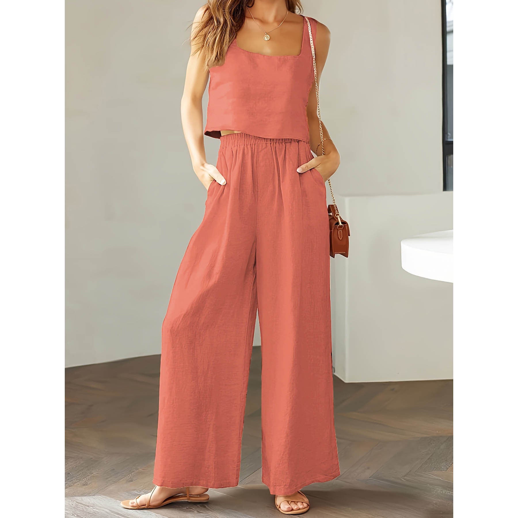 Square Collar Sleeveless Camisole Wide Leg Pants Leisure Suit