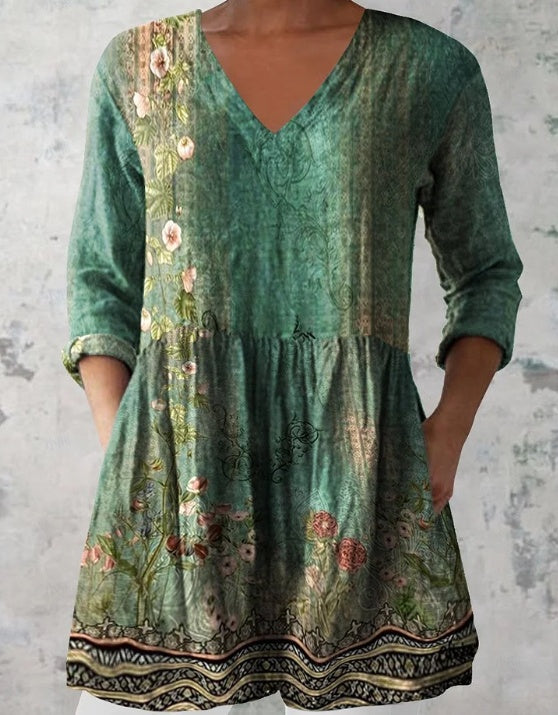 Women's Retro Floral Print Casual Cotton Linen V-neck Top