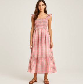 Summer Plaid Print Pleated Ruffle Dress INS Fashion Sleeveless A-line Swing Beach Dress Women's Clothing