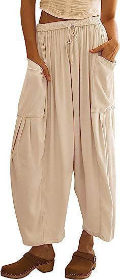 Stretched-waist Pleated High-waisted Wide-leg Loose Casual Cotton And Linen Long Pants