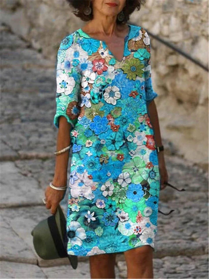 Women's New Style Temperament Blue Hedging Fashion Print Dress