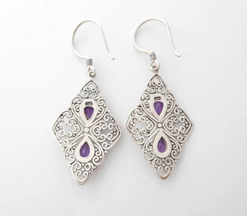 Metal Hollow Ancient Silver-plated Inlaid Purple Zircon Earrings