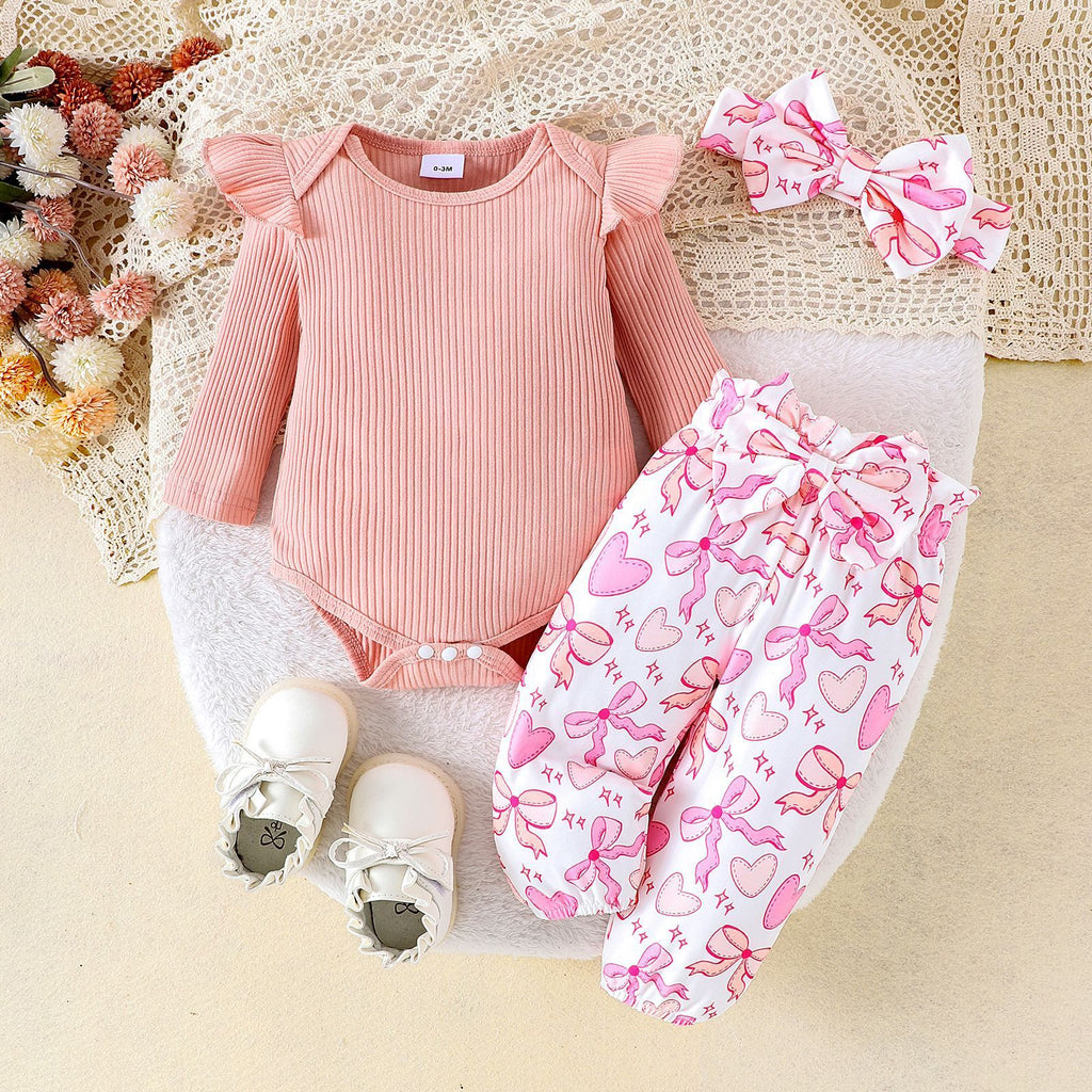Sunken Stripe Long-sleeve Jumpsuit Flower Print Trousers Hair Band For Girls Suit